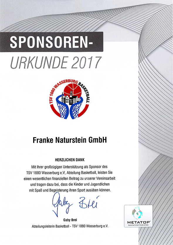 Franke Naturstein Sponsorenurkunde